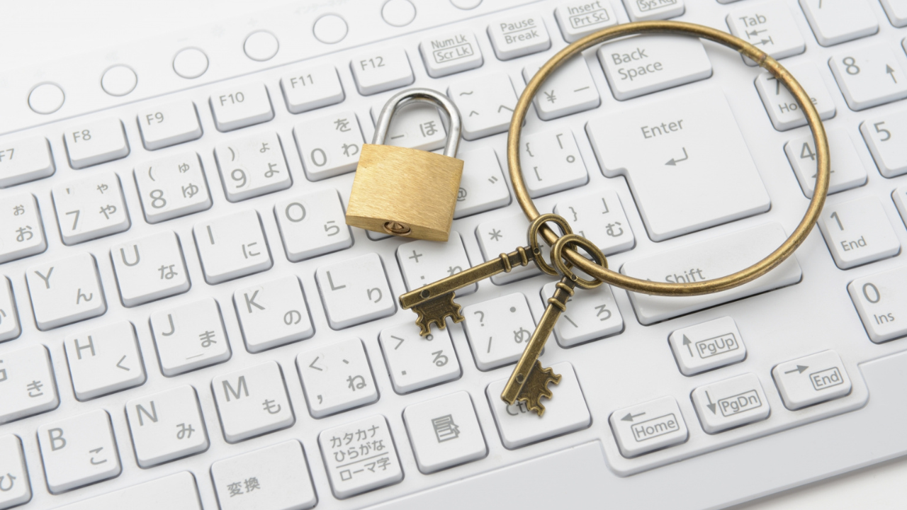 キーボードの上に2つの鍵と南京錠が置いてあるイメージ写真