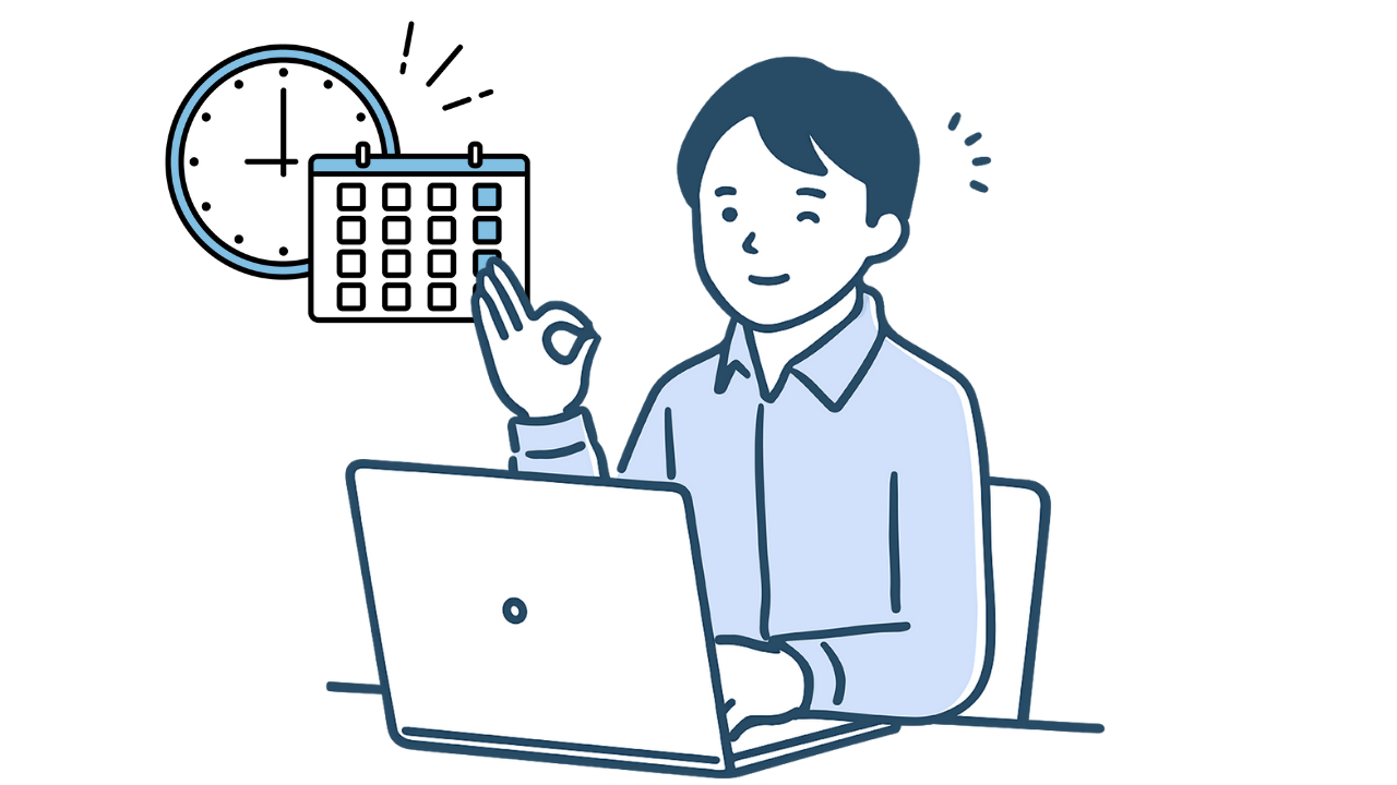 男性がパソコンの前に座り手でOKマークを表し背後に時計とカレンダーが写っているイラスト