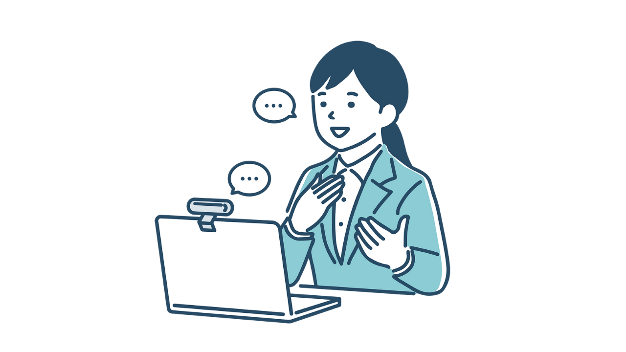 女性がパソコンとWebカメラの前に座り喋っているイラスト